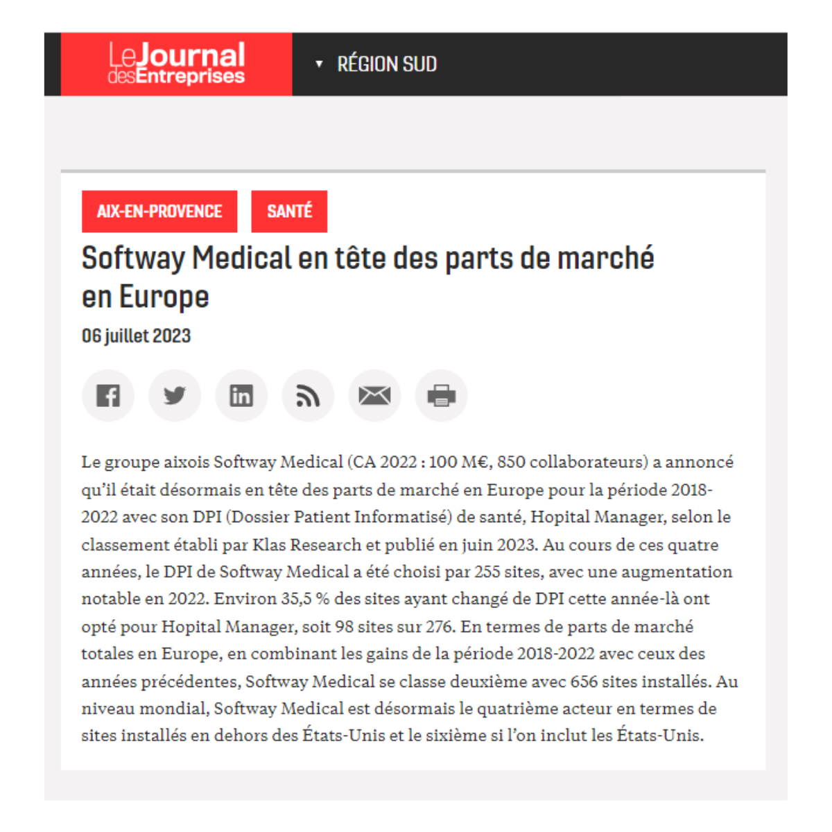 Softway Medical en tête des prises de part dans le Journal des Entreprises