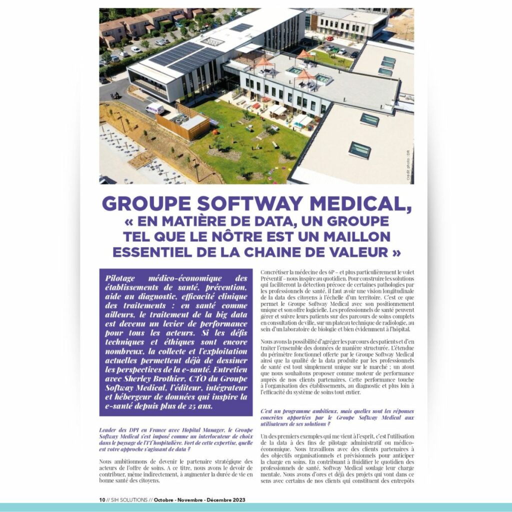 Article Softway Medical dans SIH Solutions Magazine sur le positionnement du Groupe en data en santé.