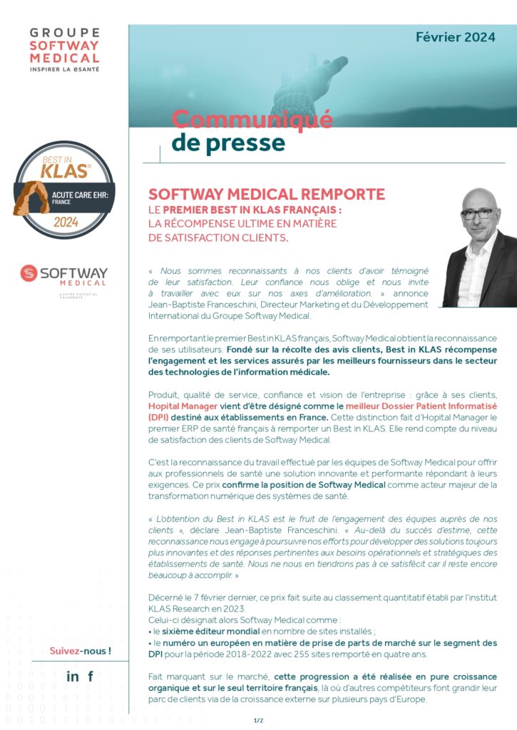 Softway Medical remporte le premier Best In KLAS français - Télécharger le communiqué de presse